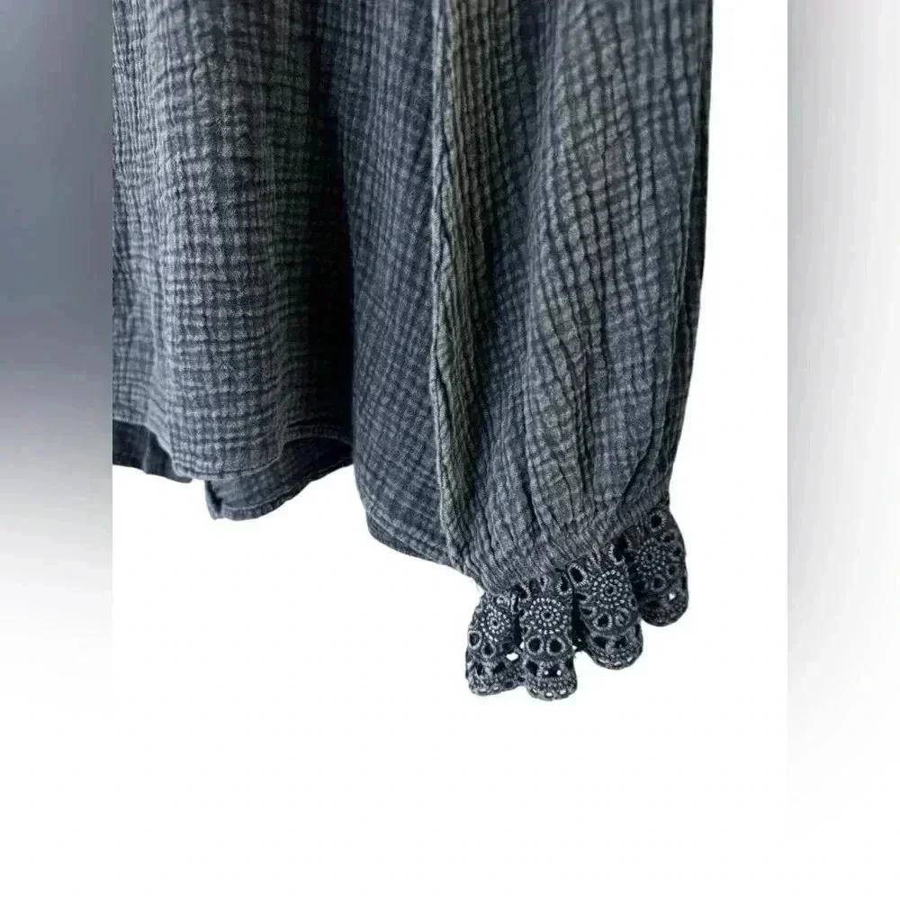 MAZIK Charcoal Gray Eyelet Ruffle Button Down Long Sleeve Tunic Shirt